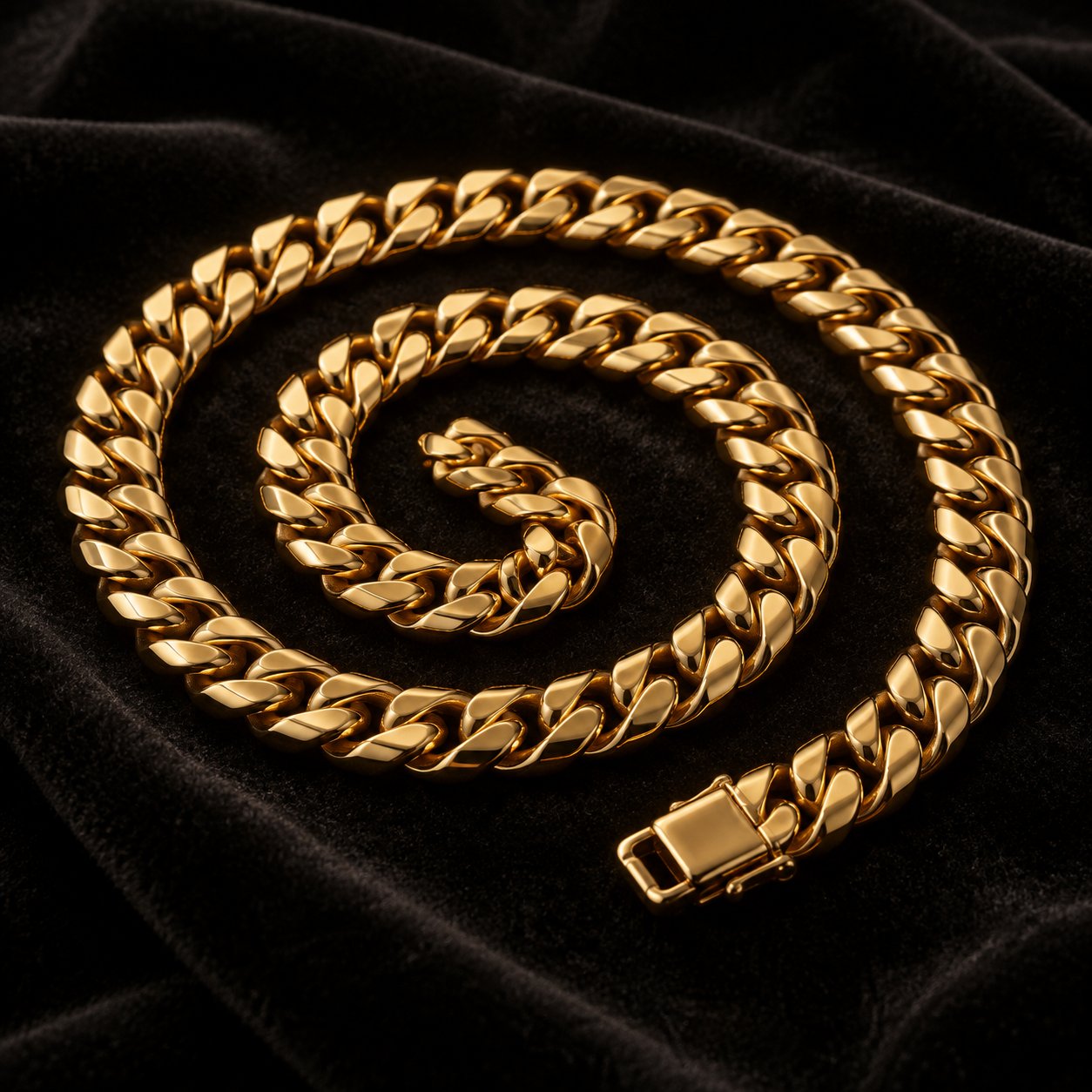 The finished gold chain coiled on black velvet