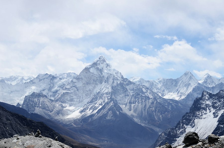 Jagged ridgeline above a still lake