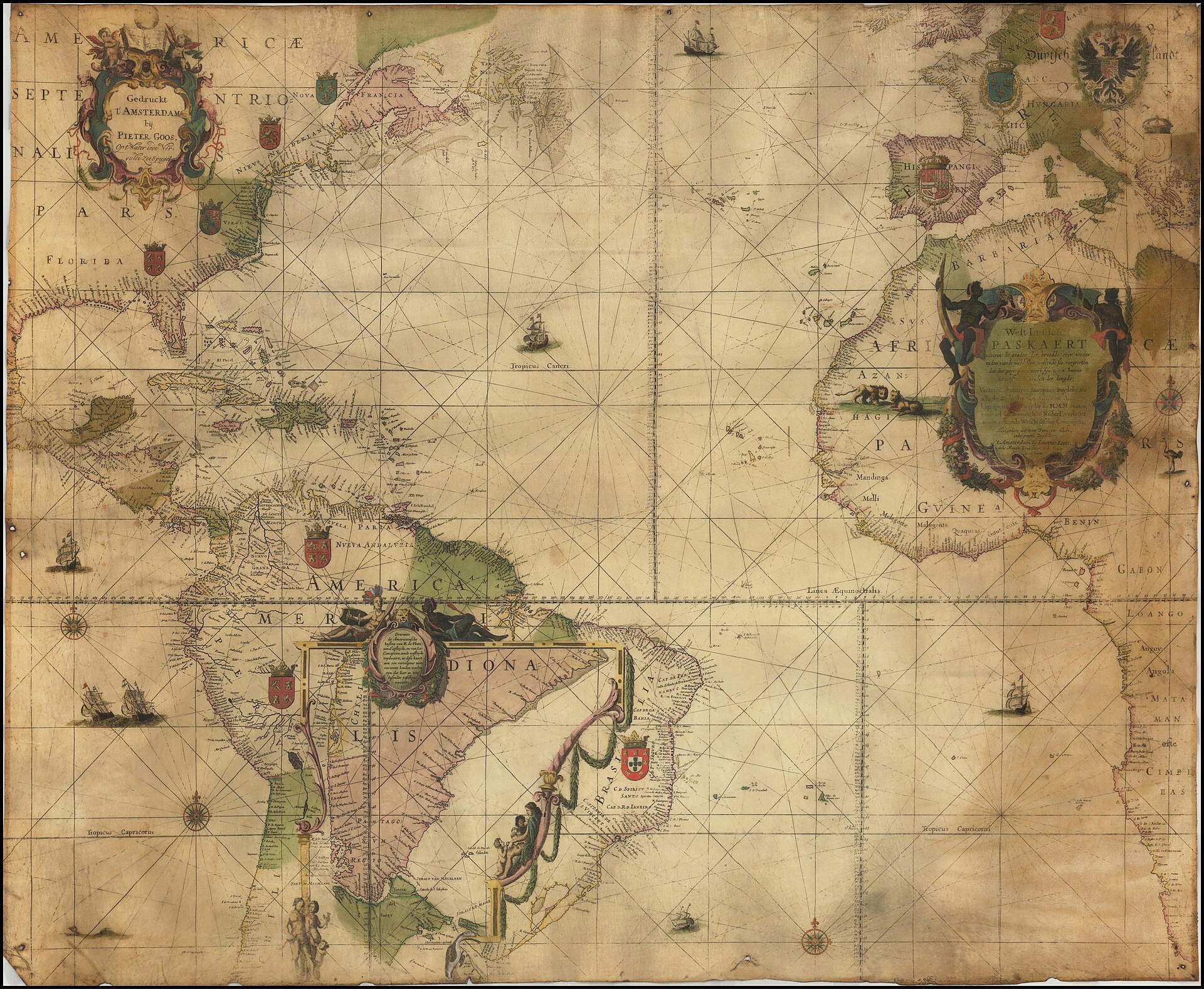 A 1695 Dutch sea chart of the Atlantic Ocean in parchment tones